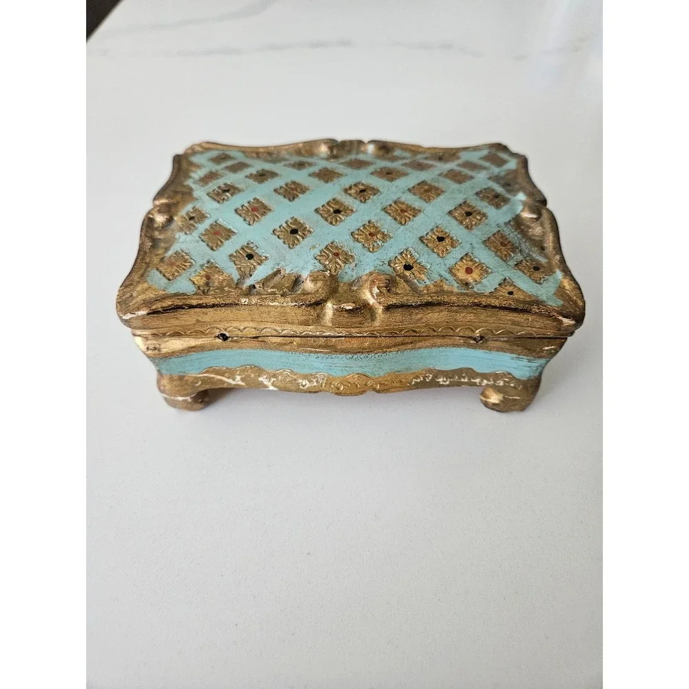 Florentine Jewelry Box Women OS Turquoise Gold Good Italian Wood Gilt Footed VTG - Picture 1 of 8